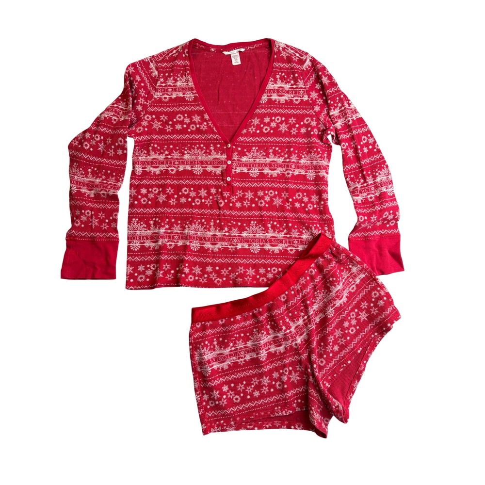 Victorias Secret Fair Isle Thermal Short Pajama Set L Red Snowflake Henley PJ
